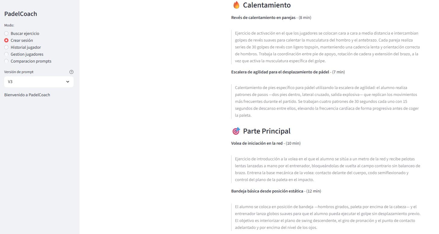Pantalla de creación de sesión de PadelCoach: la herramienta genera un plan de entrenamiento de pádel con bloques de calentamiento y parte principal, cada ejercicio con su duración y una descripción detallada. Datos sintéticos.