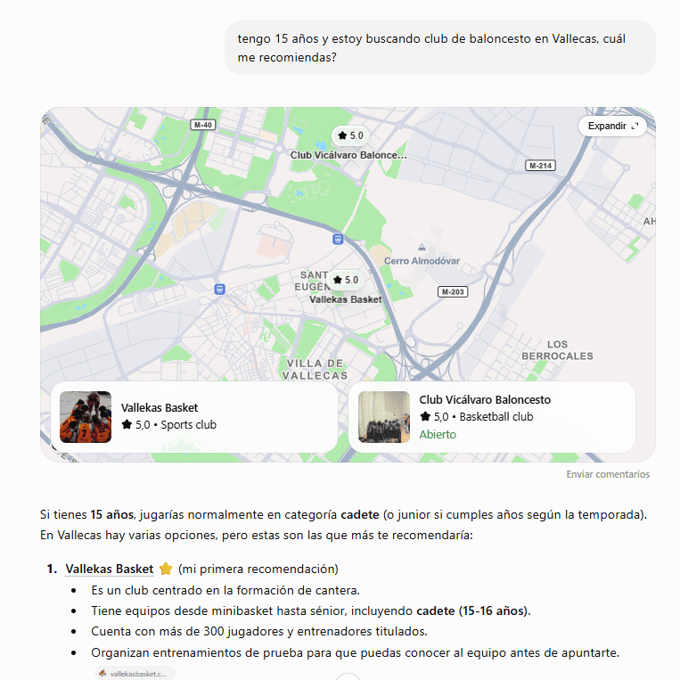 Conversación con ChatGPT: ante la pregunta de un chico de 15 años que busca club de baloncesto en Vallecas, ChatGPT sitúa a Vallekas Basket como su primera recomendación, destacando su formación de cantera, sus equipos desde minibasket hasta sénior y sus más de 300 jugadores.