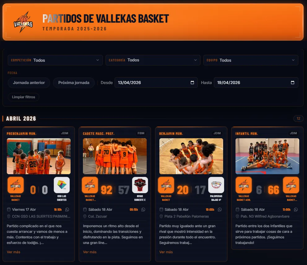 Portal de partidos de Vallekas Basket: filtros por competición, categoría, equipo y fecha, y las tarjetas de cada partido de la jornada con su marcador, fecha, pabellón y una crónica breve.