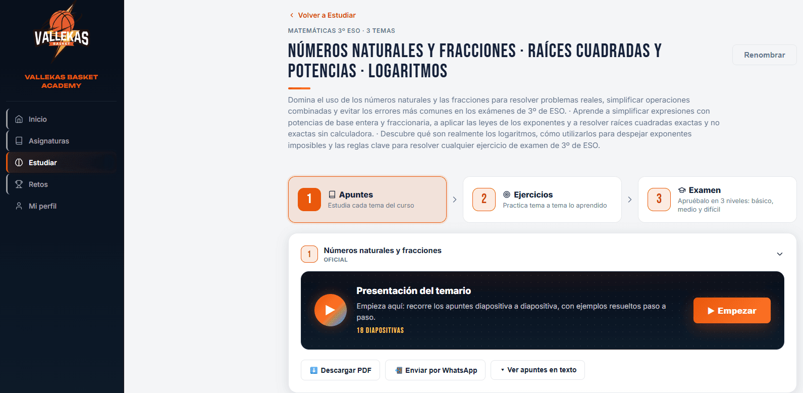 Vallekas Basket Academy: un tema de Matemáticas de 3º de ESO estructurado en tres pasos (apuntes, ejercicios y examen por niveles), con la presentación del temario en diapositivas y opción de descargar en PDF o enviar por WhatsApp.